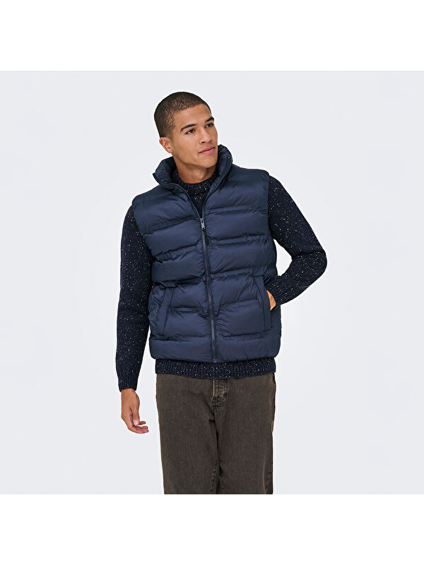 Only&Sons Union Seamless Life Puffer Erkek Lacivert Dik Yaka Yelek