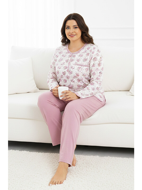 Remsa Büyük Beden Kadın Uzun Kol Kroşetalı Patlı Pamuklu Pijama Takımı 250692 Beyaz07
