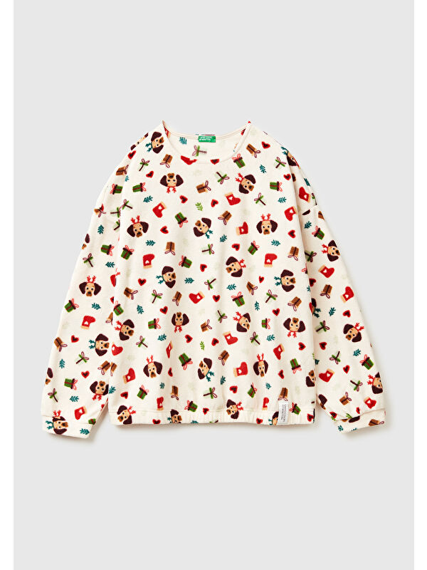 United Colors Of Benetton Kadın Ekru Mix Xmas Desenli Polar Pijama Üstü