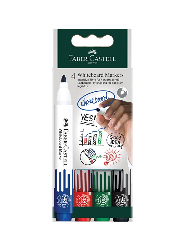 Faber-Castell W20 Beyaz Tahta Kalemi 4'lü Set,Siyah, Kırmızı, Mavi, Yeşil,Silinebilir ve Doldurulabilir