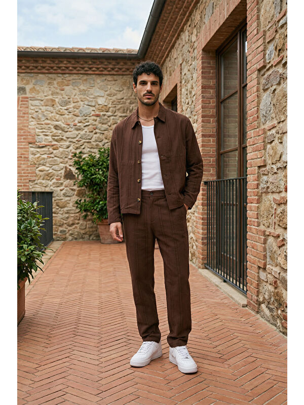 Livio Ferri Talbot Premium Keten Desenli Düğmeli Ceket Pantolon Erkek Takım Relax Kalıp