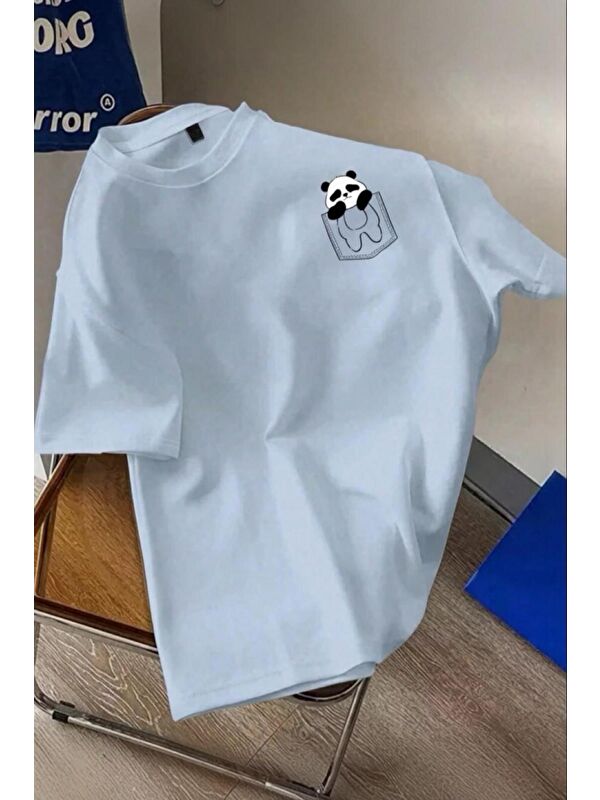 Oksit Cepte Panda Baskılı Oversize Unisex Pamuklu Tişört Battal Büyük Beden Tshirt