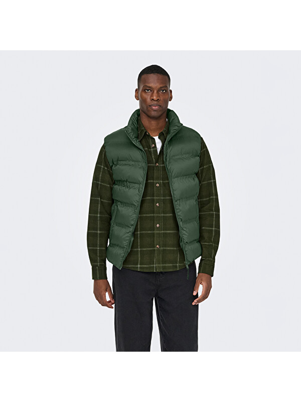 Only&Sons Union Seamless Life Puffer Erkek Haki Dik Yaka Yelek