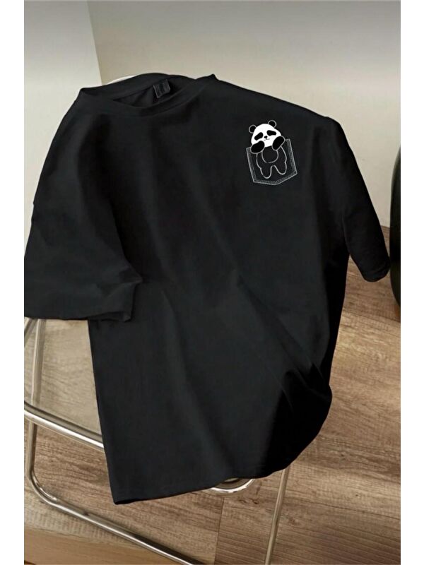Oksit Cepte Panda Baskılı Oversize Unisex Pamuklu Tişört Battal Büyük Beden Tshirt