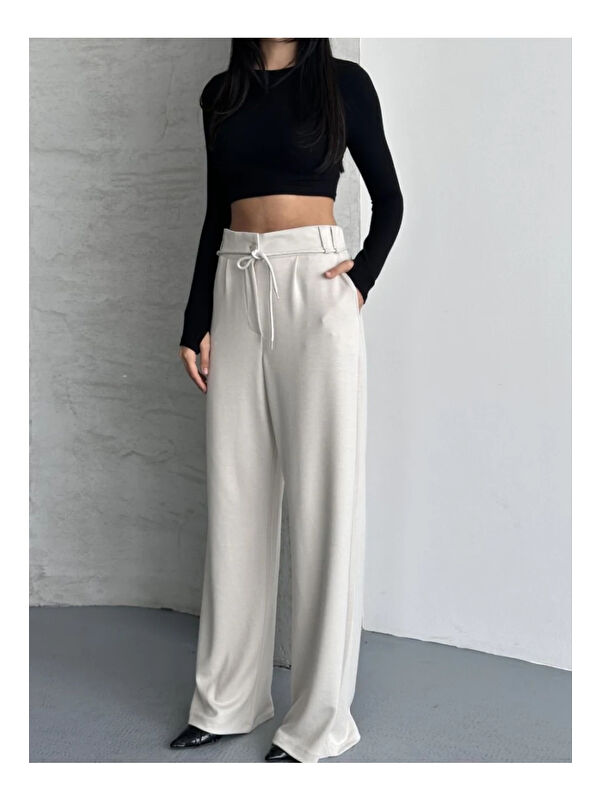 carla10 Modal Kumaş Bel Detay Pantalon Krem
