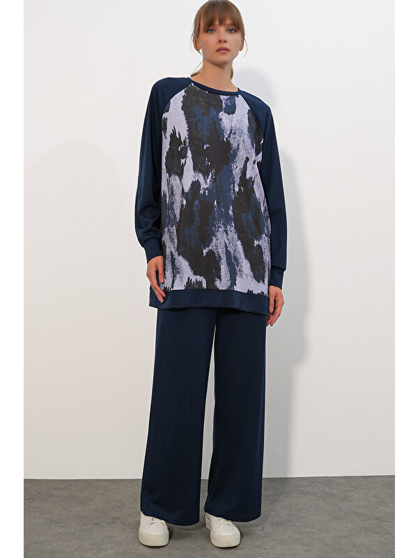 Bigdart Kadın Desenli Oversize Tunik Pantolon İkili Takım 55462 - Lacivert