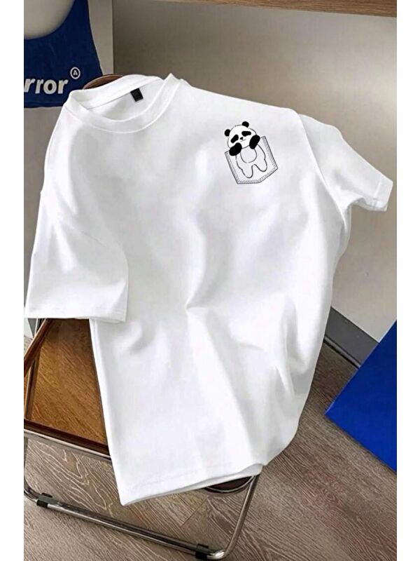 Oksit Cepte Panda Baskılı Oversize Unisex Pamuklu Tişört Battal Büyük Beden Tshirt
