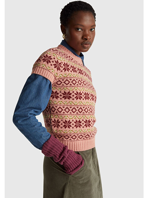 United Colors Of Benetton Kadın Gül Kurusu  Yün Alpaka Karışımlı Jakarlı Kısa Kollu Stranger Things Kazak