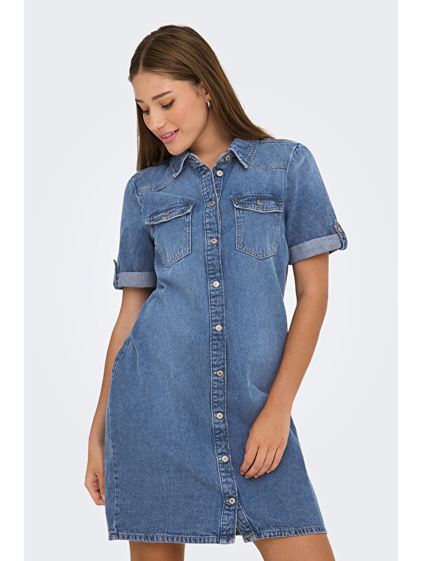 Only Onllisa Pamuklu Regular Fit Klasik Yaka Mini Jean Kadın Elbise 15353176