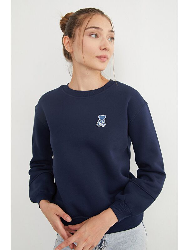 Fullamoda 3 İplik Taş İşlemeli Ayıcık Nakışlı Sweatshirt