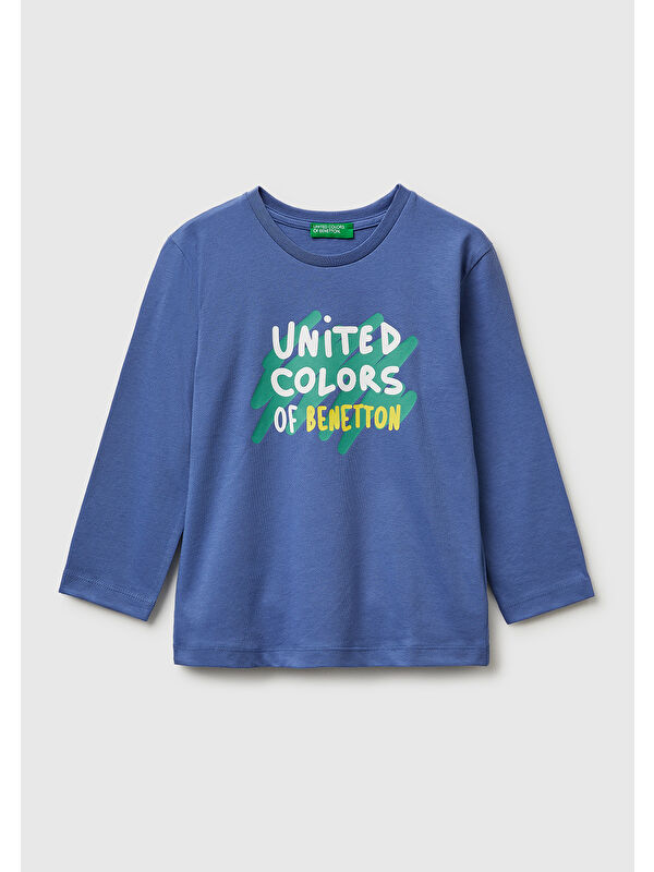 United Colors Of Benetton Erkek Çocuk Önü Logo Baskılı Yuvarlak Yaka Uzun Kollu T-Shirt