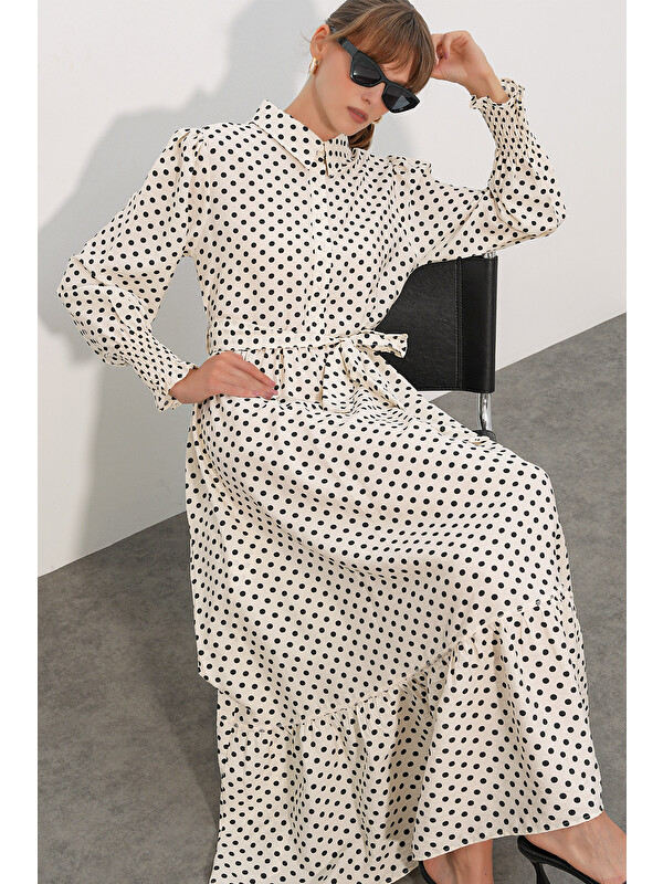 Bigdart Kadın Kuşaklı Tesettür Elbise 2589 - Krem