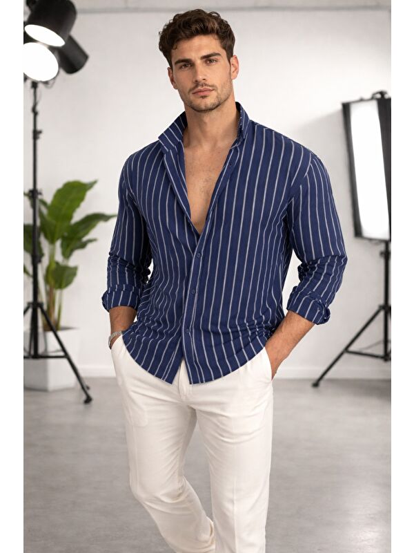 Tarz Cool Erkek İki Çizgili Regular Relaxed Fit Uzun Kollu Gömlek