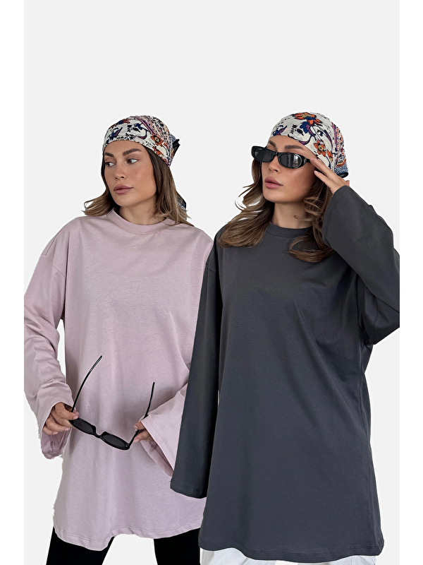 C&City Geniş Kol Oversize 2'Li Paket T-Shirt 964 Lila/Füme
