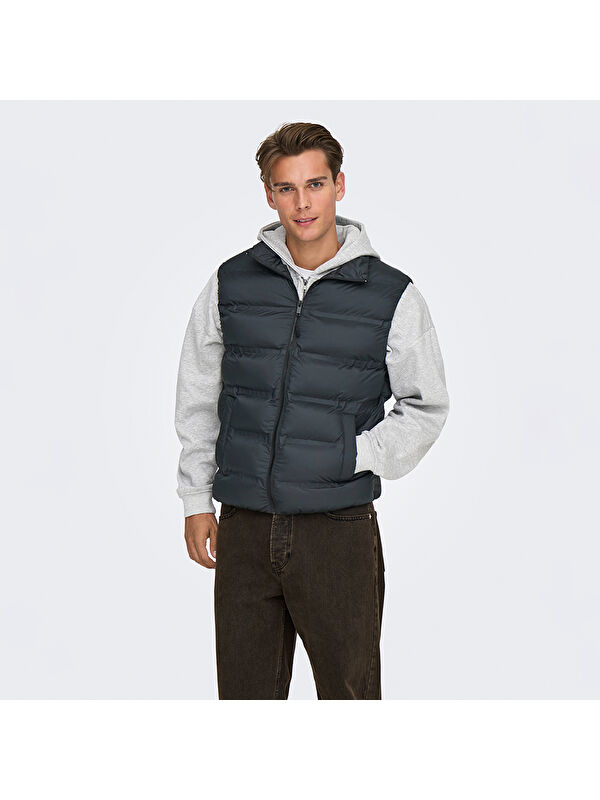 Only&Sons Union Seamless Life Puffer Erkek Siyah Dik Yaka Yelek