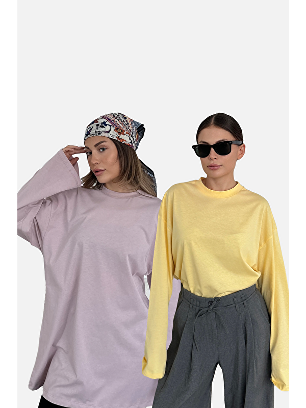 C&City Geniş Kol Oversize 2'Li Paket T-Shirt 964 Lila/Sarı