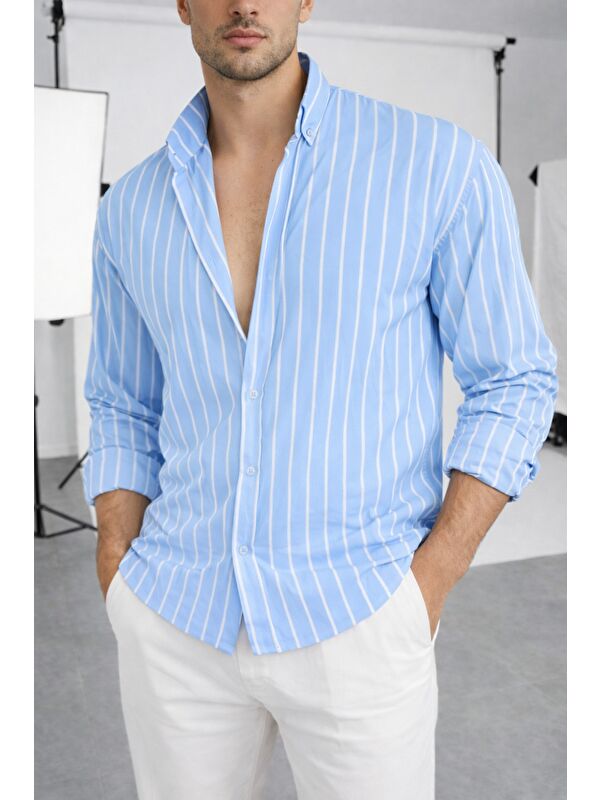 Tarz Cool Erkek İki Çizgili Regular Relaxed Fit Uzun Kollu Gömlek