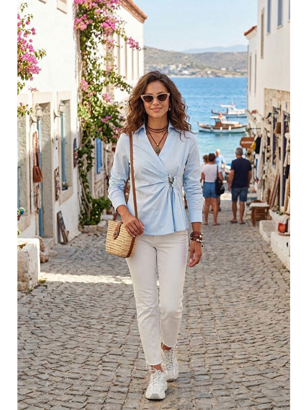 Lela % 100 Pamuk Slim Fit Toka Detaylı Uzun Kollu Kadın Gömlek 6778317
