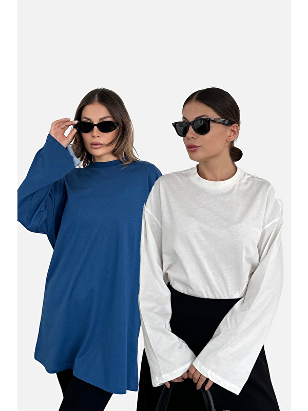 C&City Geniş Kol Oversize 2'Li Paket T-Shirt 964 Ekru/İndigo