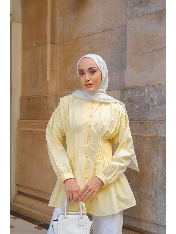 Locco Moda Kadın Beli Nervürlü Poplin Gömlek Sarı