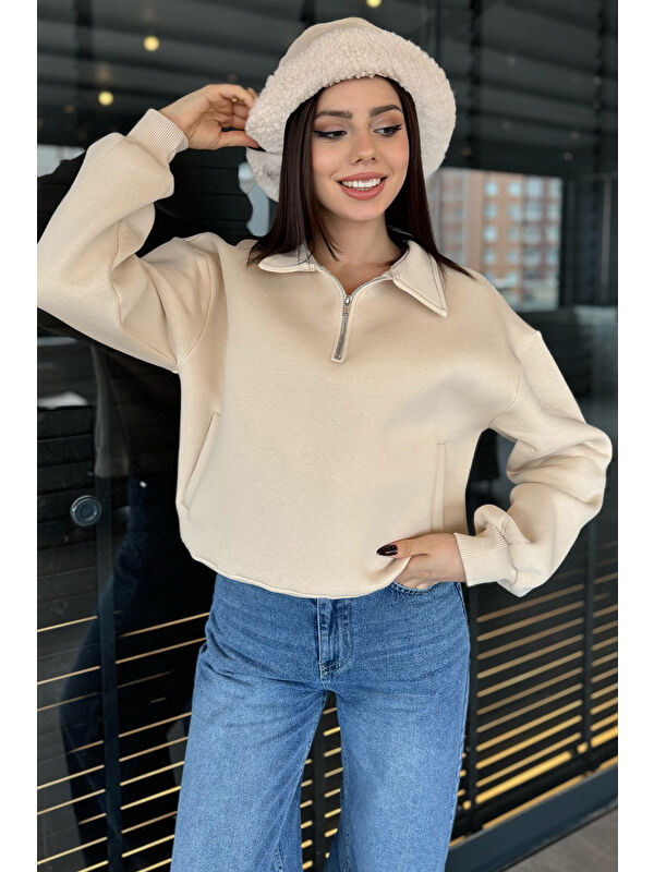 Gülseli Dik Yaka Yarım Fermuarlı Şardonlu Kadın Sweatshirt