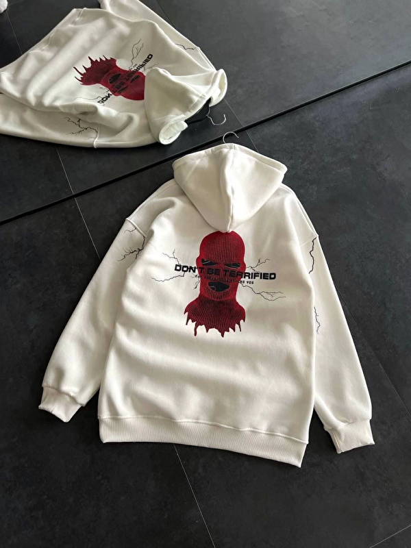 Jane's Üç İplik Kapüşonlu Baskılı Oversize SweatShirt- Beyaz