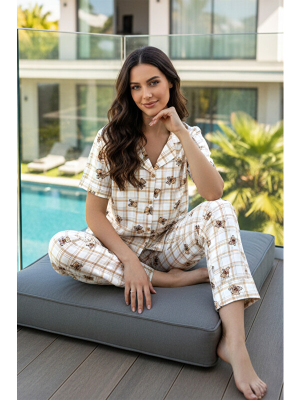 Remsa Kadın Ayıcık Desen Kısa Kol Suprem Pijama Takımı 0277 Bej02