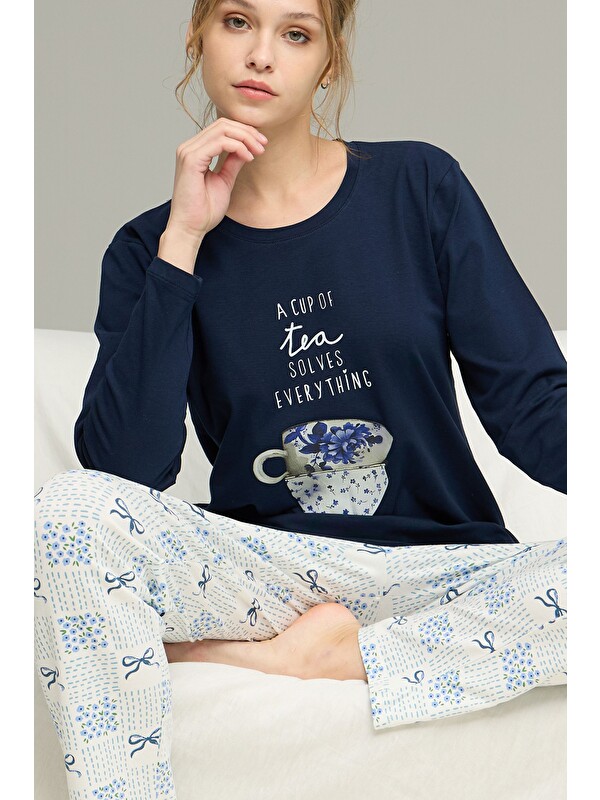 Siyah İnci Lacivert Desenli Örme Pamuklu Pijama Takım25240247