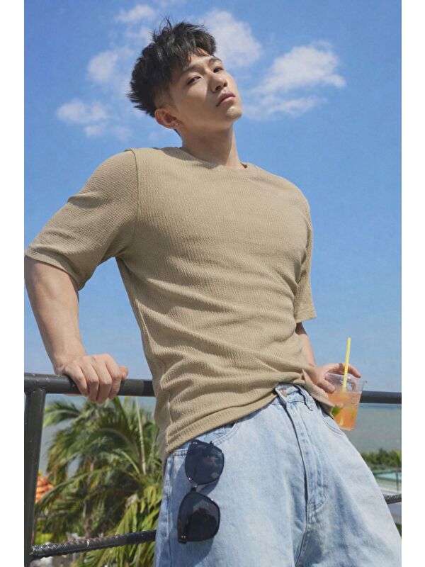 Tarz Cool Erkek Jakarlı Oversize Tişört Bisiklet Yaka Rahat Kalıp Yazlık Basic T-Shirt