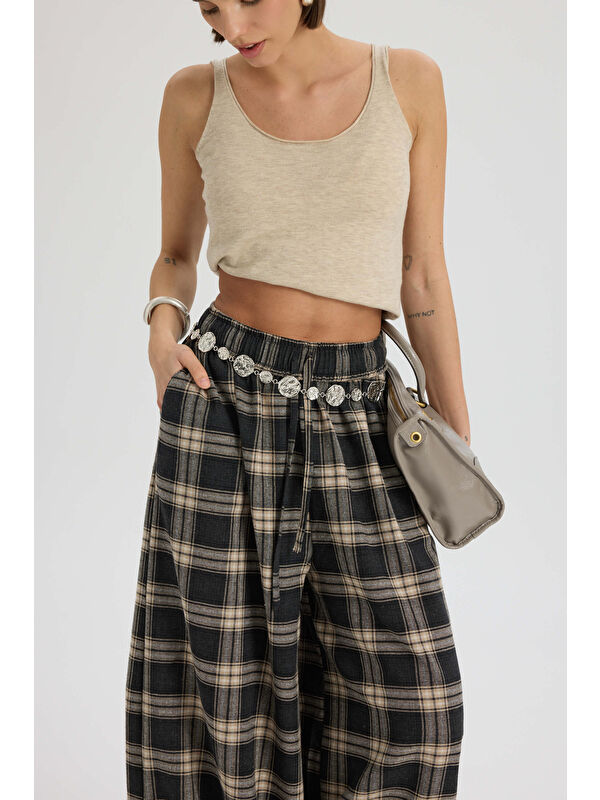 Mai Collection Jolene Ekoseli Antrasit Şalvar Pantolon