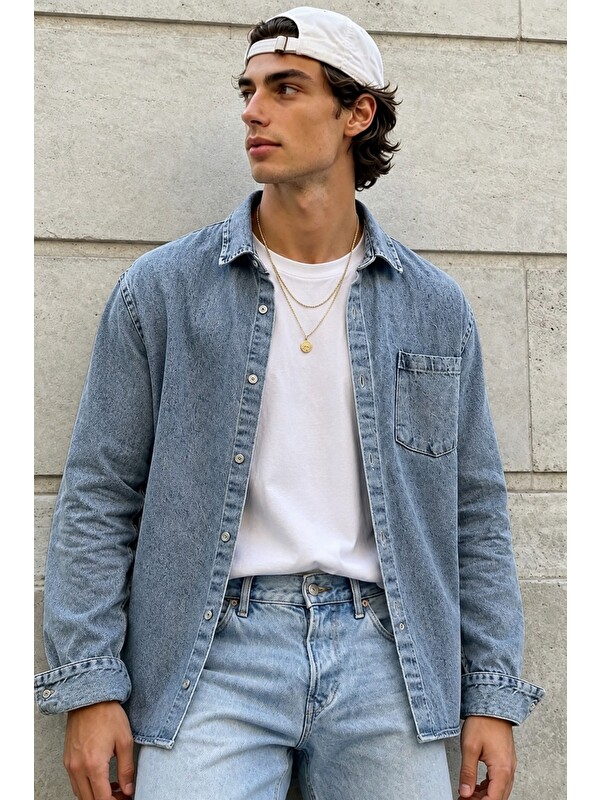 Tarz Cool Erkek Regular Denim Gömlek – Yıkamalı Jean Uzun Kollu Cepli Jean Gömlek