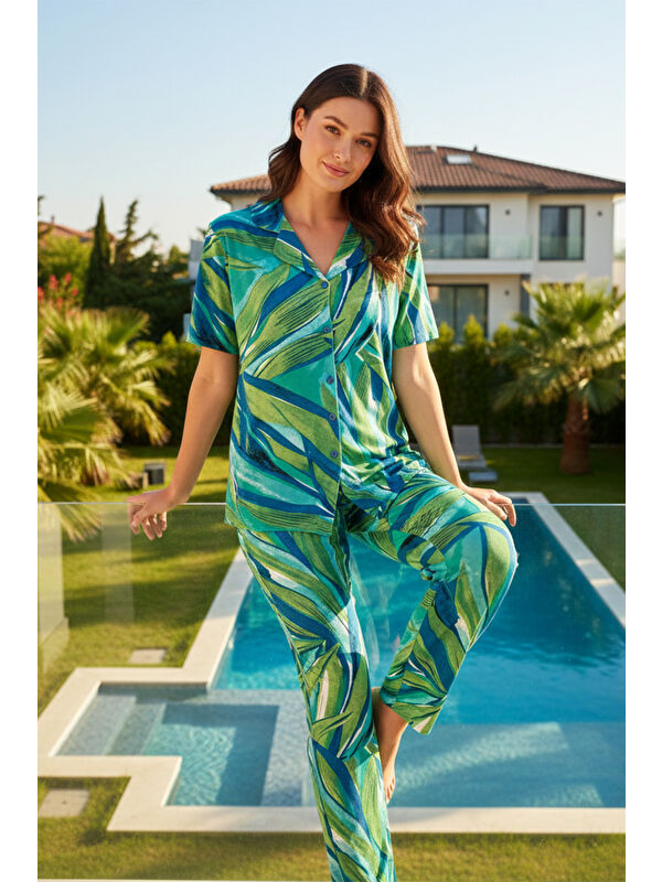 Remsa Kadın Desenli Kısa Kol Elastanlı Viskon Pijama Takımı 0289 Yeşil