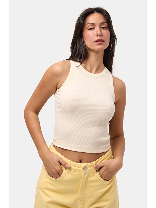 It's Basic Kadın Taş s6-57 Sıfır Kol Esnek Kumaş Crop Top
