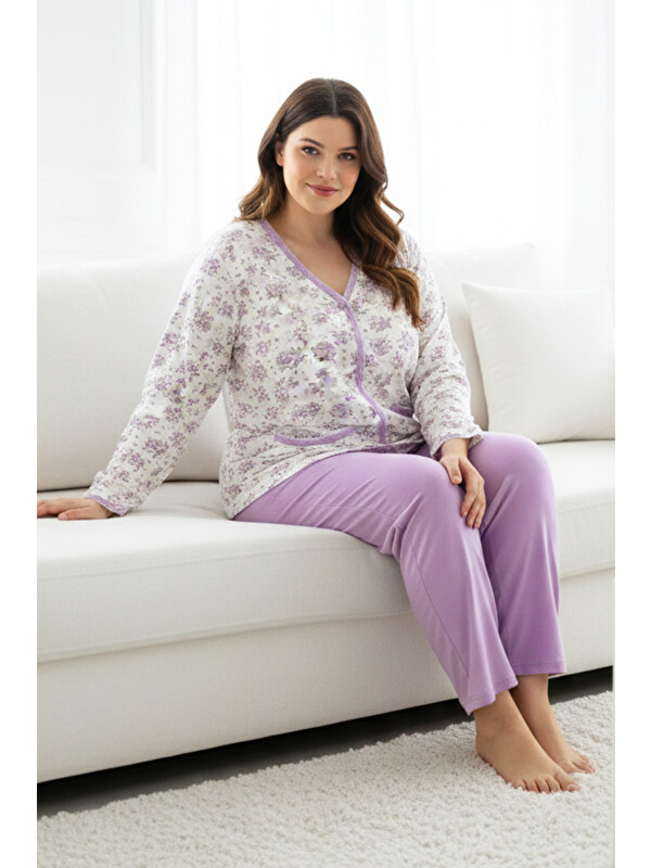 Remsa Büyük Beden Önü Düğmeli Kadın Uzun Kol Kroşetalı Pamuklu Pijama Takımı 250678 Beyaz02