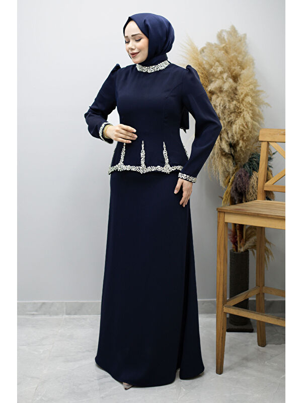 Tesettür Dünyası Taş İşlemeli Peplum Abiye TSD260195 Lacivert