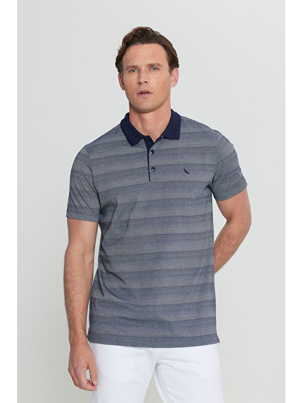 Altınyıldız Classics Erkek Lacivert Pamuklu Slim Fit Dar Kesim Polo Yaka Jakarlı Tişört