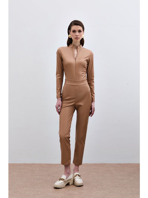 SATEEN Yüksek Bel Deri Pantolon - Camel