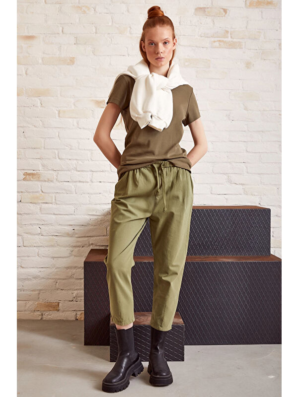 Never More Beli İpli Salaş Gabardin Pantolon Haki