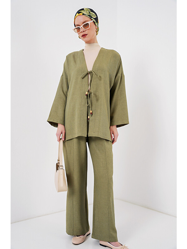 Bigdart Kadın Keten Kimono İkili Takım 6727 - Çağla