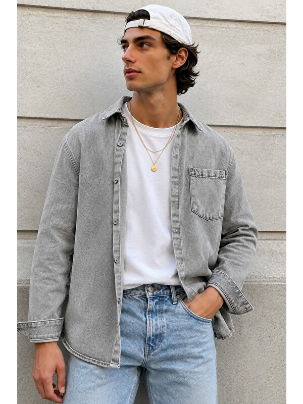 Tarz Cool Erkek Regular Denim Gömlek – Yıkamalı Jean Uzun Kollu Cepli Jean Gömlek