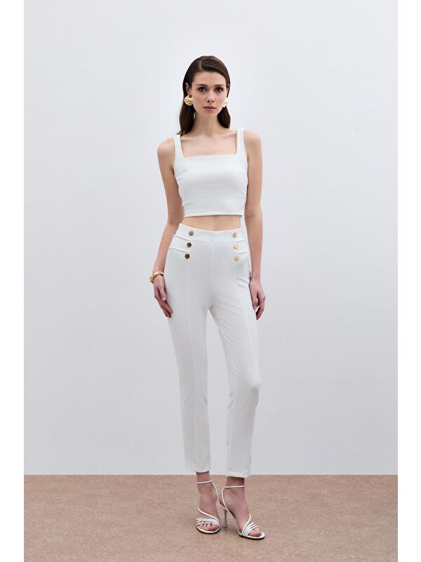 SATEEN Düğme Detaylı Pantolon - Ekru