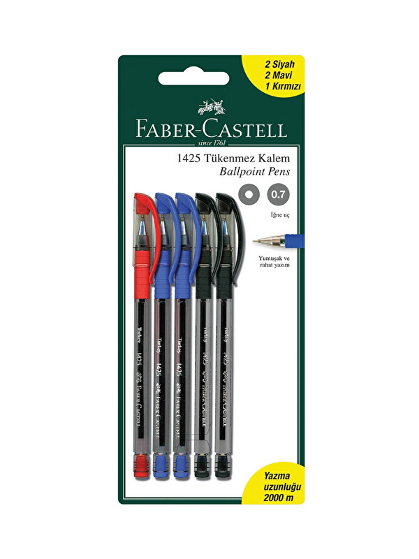 Faber-Castell 5'li Tükenmez Kalem Seti,2 Siyah,2 Mavi,1 Kırmızı Kalem İçerir
