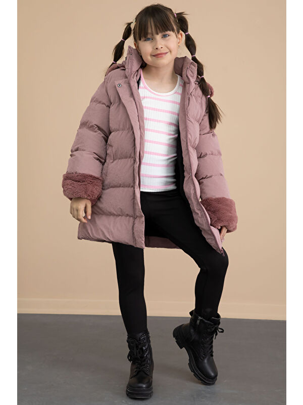 Bilen Kids Pembe Kolu Kürk Detaylı İçi Yünlü Kız Çocuk Kapüşonlu Şişme Mont 21329