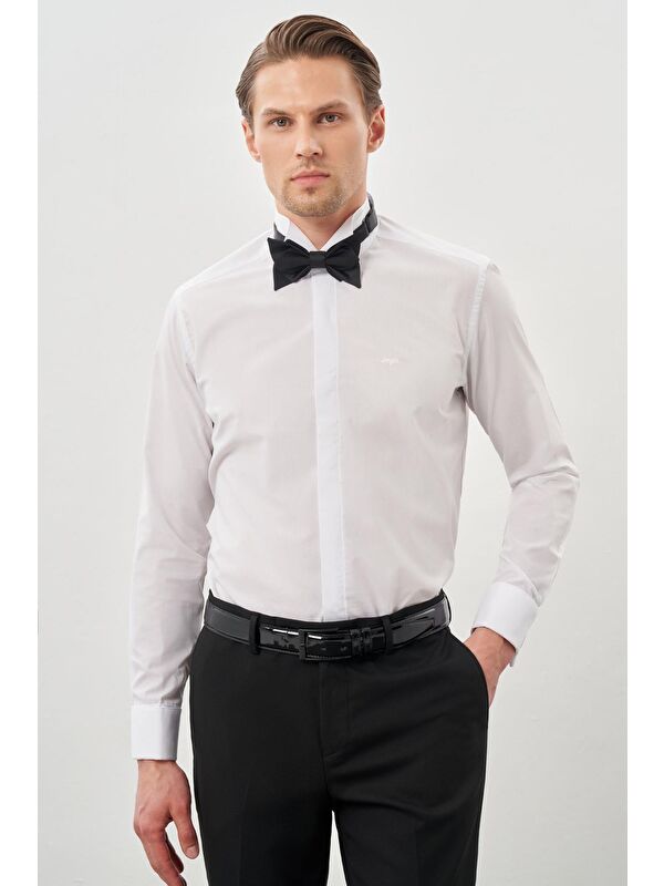 İMZA Beyaz Uzun Kol Düz Bez Ayağı Ata Yaka Cepsiz Pamuklu Basic Slim Fit Gömlek 1004250060_600