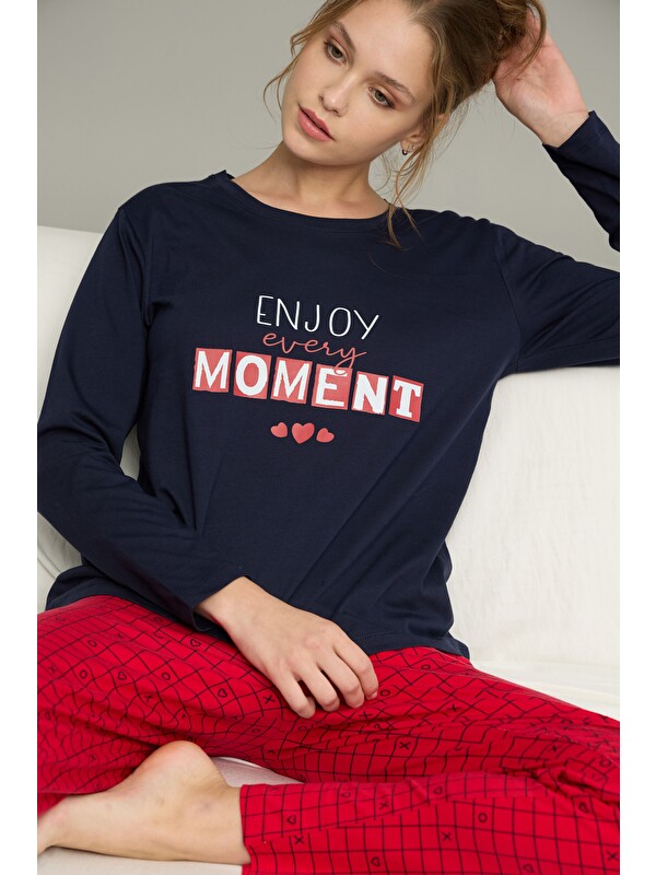 Siyah İnci Lacivert Desenli Örme Pamuklu Pijama Takım25240256