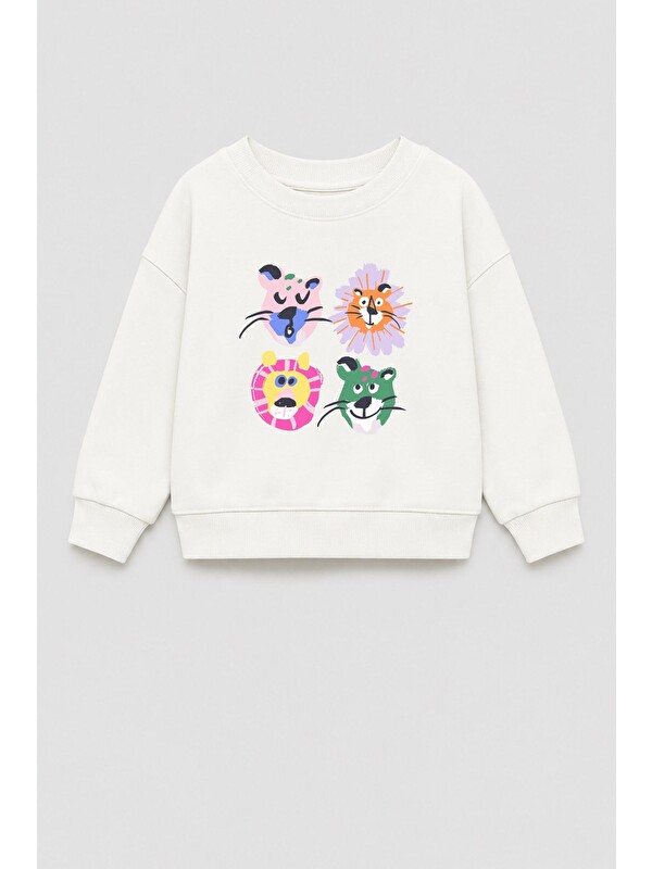 Monila Kız Çocuk 3 İplik Kumaş Pamuklu Hayvan Baskılı Sweatshirt
