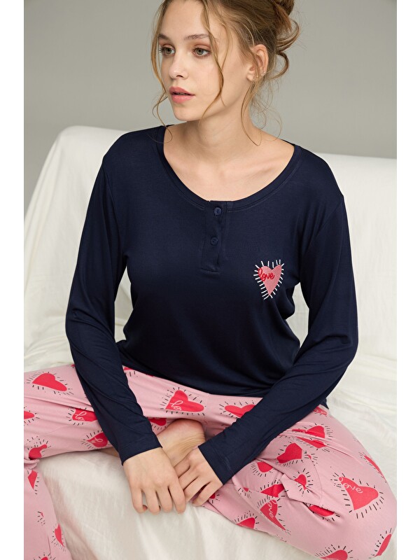 Siyah İnci Lacivert Desenli Örme Pamuklu Pijama Takım25240258
