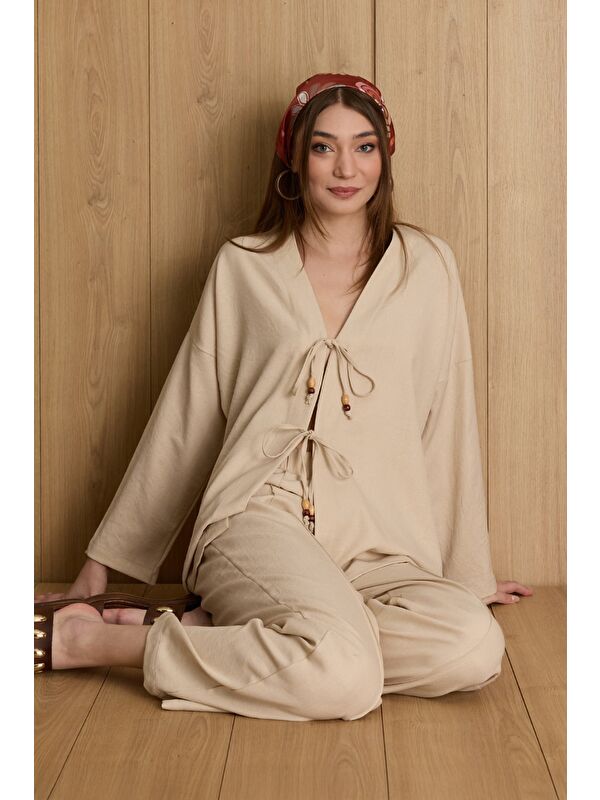 Fullamoda Önü Bağlamalı Keten Kimono 2 Li Takım