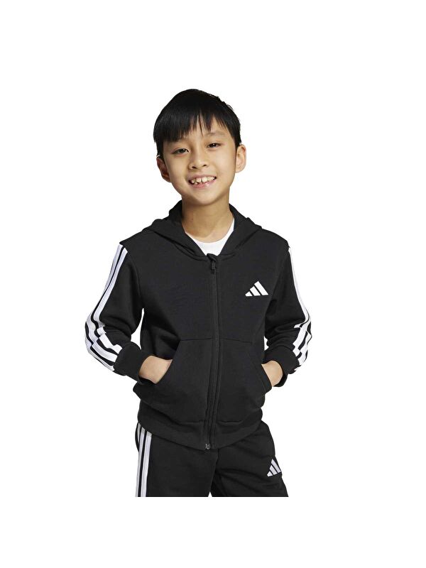 Adidas 3 Stripes Fleece Çocuk Siyah Kapüşonlu Ceket