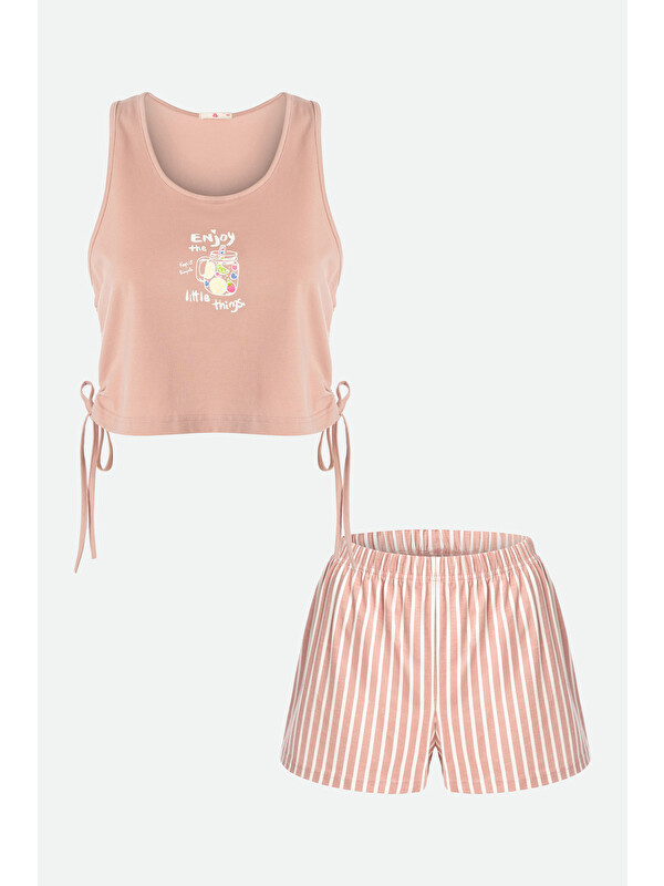 Koza İç Giyim Kadın Pamuklu Yandan Bağlamalı Büzgülü Şortlu Pijama Takımı
